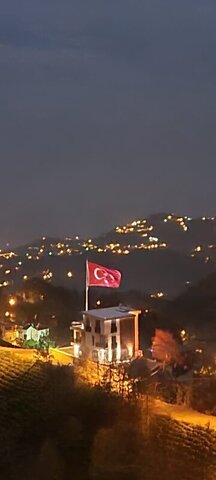 Gece görünümü — tepe üzerindeki villa ve dalgalanan Türk bayrağı, vadide ışıklar